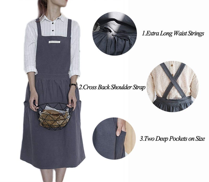 losofar Women Girls Vintage Apron Adjustable Gardening Works Cross Back Cotton/Linen Blend Aprons Pinafore Dress with Two Pockets (blackgrey, 39"x 59") - Image 3